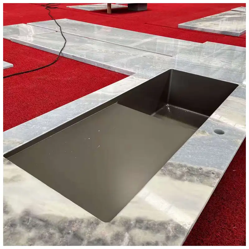 Calcite Blue Marble Kitchen Countertops with Steel Sinks